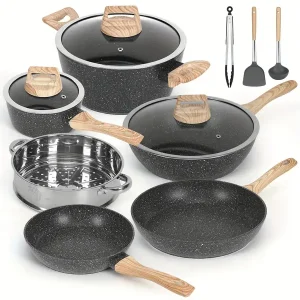 12pcs Restaurant Kitchen Cookware Set, Induction Cookware Granite, Pots And Pans Set, Non-Stick Cooking Set With Frying Pans, Saucepans, Steamer, Silicone Shovel Spoon & Tongs