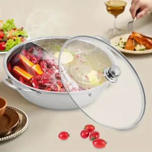 Multifunctional Electric Double Flavor Hot Pot Set Stainless Steel with Glass Lid Hot Pot with Divider for Induction Cooktop Gas Stove