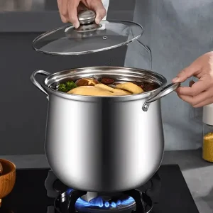 Stainless Steel Soup Pot with Lid, Extra Thick Large Capacity Stock Pot for Soup, Stew, Porridge, Compatible with Induction and Gas Stoves, Multipurpose Cooking Pot