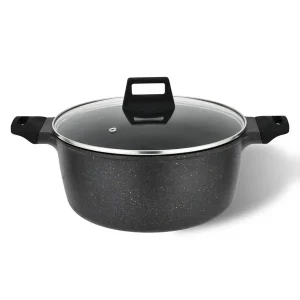 Vivicreate cast aluminum stock pot pan with lid, 8 inch diameter size, Marble non stick coating, stainless steel bottom, long handle with rubber coating, dishwash machine safe