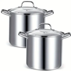 2 Pack 12-Quart Stainless Steel Stock Pot With Lid, Standard 18u002F10 Stainless Steel Stockpot For Family Group Kitchen Cooking Simmering Stewing