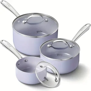 1+2+3QT Nonstick Saucepan Set with Lids & Stainless Steel Handle, Small Pot Set Ceramic Coating, Less Oil and Easy to Clean, Oven Safe, Fast and Even Heating, Purple