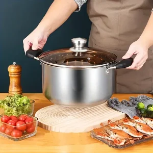 Stainless Steel Stockpot with Glass Lid - Durable, Thickened for Home Cooking, Compatible with Gas & Induction Stoves