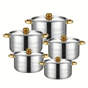 10-Piece Stainless Steel Saucepan Set with Lids - Versatile Kitchen Cookware, Induction Compatible, Dual Handle Pots for Soup, Stew, Noodles, 5 Sizes - Durable & No Power Required