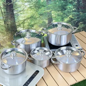 10pcs Stainless Steel Pot Set, Stainless Steel Cooking Pot, The Whole Set Weighs 11.02LB, Three-layer Bottom, Not Picking Stove, Specifications Are 7.09u002F7.87u002F8.66u002F9.45u002F10.24 Inches, 5 Pots + 5 Lids, Stainless Steel Double Handle With Lid, Deep Soup Pot, Suitable For Outdoor Camping, Home And Restaurant Cooking, Eid Al-Fitr, Easter, Independence Day, Etc