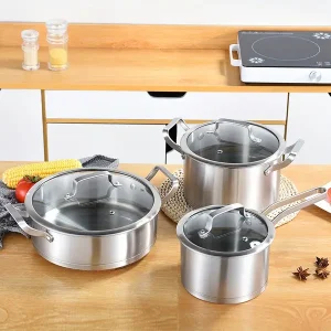 400 Series Stainless Steel Cookware Set 3-Piece with Lids and Handles - Uncharged, Thickened Pots for Soup, Stir-Fry & Milk - Kitchen Essentials